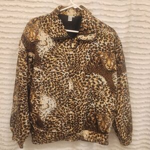 Vintage Fuda International 100% Silk Leopard Animal Print Full Zip Jacket Sz Med